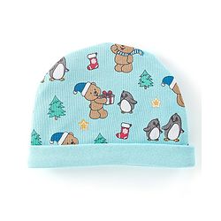 Babyhug 100% Cotton Knit Cap Mittens & Booties Set Teddy Print - Blue