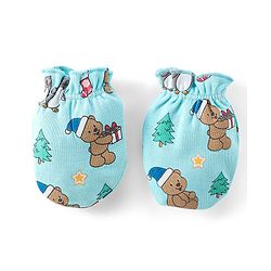 Babyhug 100% Cotton Knit Cap Mittens & Booties Set Teddy Print - Blue