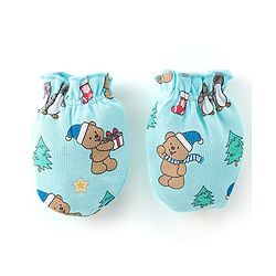 Babyhug 100% Cotton Knit Cap Mittens & Booties Set Teddy Print - Blue
