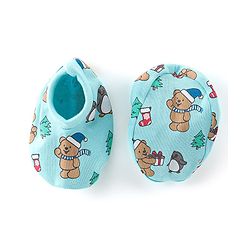 Babyhug 100% Cotton Knit Cap Mittens & Booties Set Teddy Print - Blue