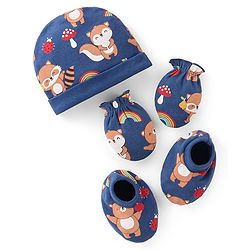 Babyhug 100% Cotton Cap Mittens & Booties Set Animal Print Blue - Diameter 16 cm