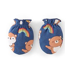 Babyhug 100% Cotton Cap Mittens & Booties Set Animal Print Blue - Diameter 16 cm