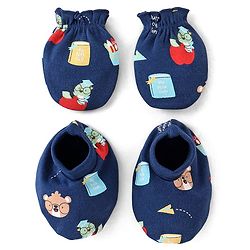 Babyhug 100% Cotton Mittens & Booties Teddy Print - Navy Blue