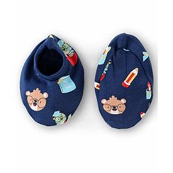 Babyhug 100% Cotton Mittens & Booties Teddy Print - Navy Blue