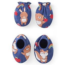 Babyhug 100% Cotton Mittens & Booties Set Animal Print - Blue