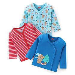 Babyhug 100% Cotton Knit  Full Sleeves Front Open Vests  with Stripe & Teddy Bear Print Pack of 3  - Multicolour