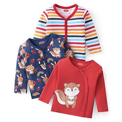 Babyhug 100% Cotton Knit Full Sleeves Front Open Vests Stripes & Fox Print Pack of 3 - Multicolour