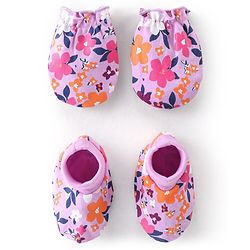 Babyhug 100% Cotton Mittens & Booties With Floral Print - Purple