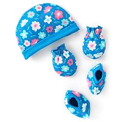 Babyhug 100% Cotton Knit Cap Mittens & Booties With Floral Print Blue - Diameter 17 cm