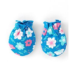 Babyhug 100% Cotton Knit Cap Mittens & Booties With Floral Print Blue - Diameter 17 cm