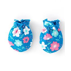 Babyhug 100% Cotton Knit Cap Mittens & Booties With Floral Print Blue - Diameter 17 cm