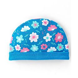 Babyhug 100% Cotton Knit Cap Mittens & Booties With Floral Print Blue - Diameter 17 cm