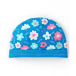 Babyhug 100% Cotton Knit Cap Mittens & Booties With Floral Print Blue - Diameter 17 cm