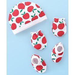 Babyhug 100% Cotton Cap Mittens & Booties With Apple Print - White