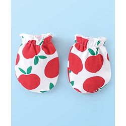 Babyhug 100% Cotton Cap Mittens & Booties With Apple Print - White