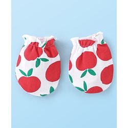 Babyhug 100% Cotton Cap Mittens & Booties With Apple Print - White