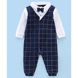 Babyhug Cotton Knit Full Sleeves Party Wear Romper Checkered with Bow Applique - Navy Blue