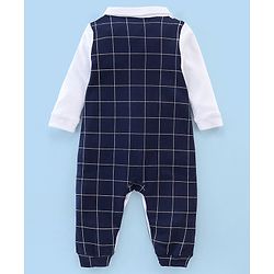 Babyhug Cotton Knit Full Sleeves Party Wear Romper Checkered with Bow Applique - Navy Blue