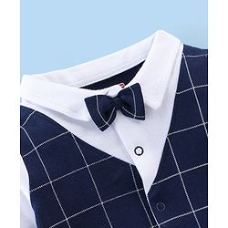 Babyhug Cotton Knit Full Sleeves Party Wear Romper Checkered with Bow Applique - Navy Blue