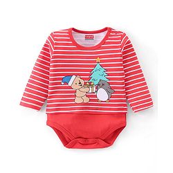 Babyhug 100% Cotton Knit Full Sleeves Onesies Stripes & Teddy Print - Red
