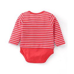 Babyhug 100% Cotton Knit Full Sleeves Onesies Stripes & Teddy Print - Red