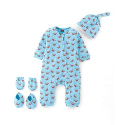 Babyhug 100% Cotton Full Sleeves Romper with Cap Mittens & Booties Crab Printed - Blue