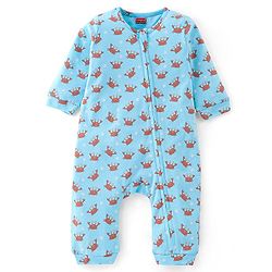 Babyhug 100% Cotton Full Sleeves Romper with Cap Mittens & Booties Crab Printed - Blue