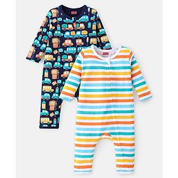 Babyhug 100% Cotton Romper With Striped & Car Print Pack Of 2 - Navy Blue & White