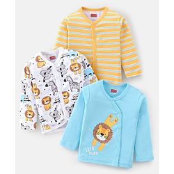 Babyhug 100% Cotton Full Sleeves Vest With Animals Print Pack of 3 - White Blue & Yellow