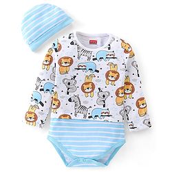 Babyhug 100% Cotton Knit Full Sleeves Onesie with Cap Lion Print - White