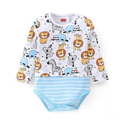 Babyhug 100% Cotton Knit Full Sleeves Onesie with Cap Lion Print - White