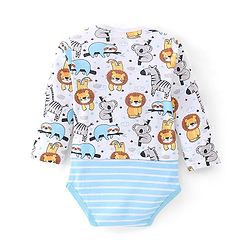 Babyhug 100% Cotton Knit Full Sleeves Onesie with Cap Lion Print - White