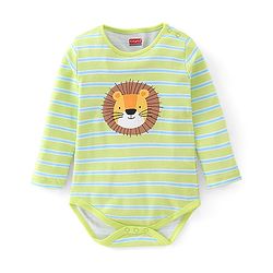 Babyhug 100% Cotton Knit Full Sleeves Striped Onesie Lion Print - Green
