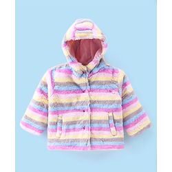 Babyhug Woven Full Sleeves Hooded Quilted Jacket Striped - Pink & Yellow
