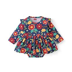 Babyhug 100% Cotton Knit Full Sleeves Floral Printed Frock Style Onesie  - Multicolour