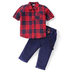 Babyhug Cotton Knit Half Sleeves Checkered Shirt & Trouser with Suspender - Red & Navy