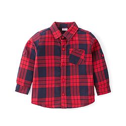 Babyhug Cotton Knit Half Sleeves Checkered Shirt & Trouser with Suspender - Red & Navy