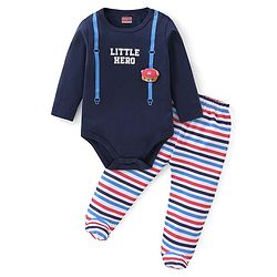 Babyhug 100% Cotton Interlock Knit Full Sleeves Onesies with Legging Stripes & Text Print - Multicolor