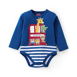 Babyhug 100% Cotton Knit Full Sleeves Onesie With Animals Print - Navy Blue