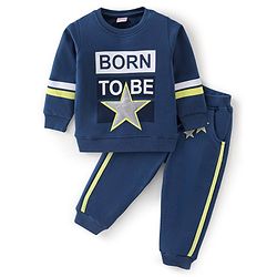 Babyhug Cotton Knit Full Sleeves T-Shirt & Lounge Pant Set Star Print - Blue