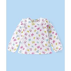 Babyhug Cotton Knit Full Sleeves Butterfly Print T-Shirt with Frill Detailing - White