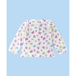 Babyhug Cotton Knit Full Sleeves Butterfly Print T-Shirt with Frill Detailing - White