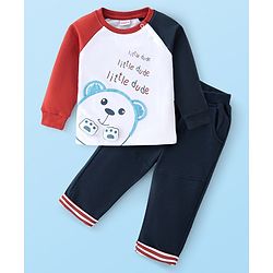Babyhug 100% Cotton Knit Raglan Sleeves T-Shirt & Lounge Pant Set Teddy Print - Multicolour