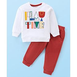 Babyhug Cotton Knit Full Sleeves Text Print T-Shirt & Lounge Pant Set - White & Maroon