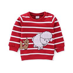 Babyhug 100% Cotton Knit Full Sleeves T-Shirt & Lounge Pant With Sheep & Cat Embroidery - Red & White