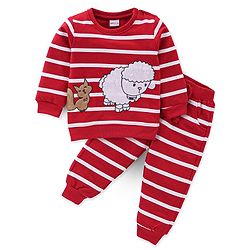 Babyhug 100% Cotton Knit Full Sleeves T-Shirt & Lounge Pant With Sheep & Cat Embroidery - Red & White