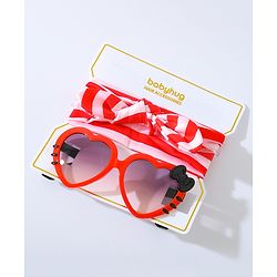 Babyhug Free Size Bow Headband with Heart Shape Sunglasses - Red