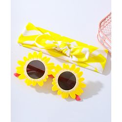 Babyhug Free Size Bow Headband with Flower Shape Sunglasses - Yellow