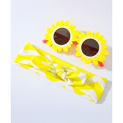 Babyhug Free Size Bow Headband with Flower Shape Sunglasses - Yellow