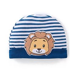 Babyhug 100% Cotton Knit Striped Cap with Lion Applique - Navy Blue